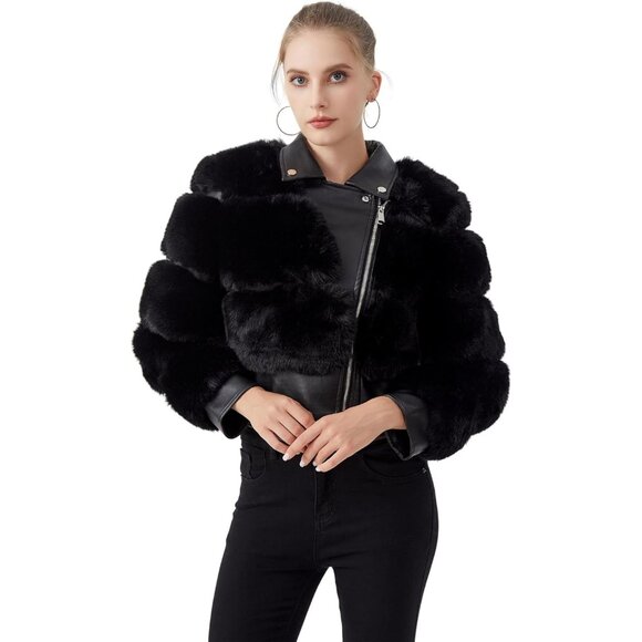 Women's Moto Style Cropped Faux Fur Leather Belted Biker Coat Zip Up White - Picture 4 of 9